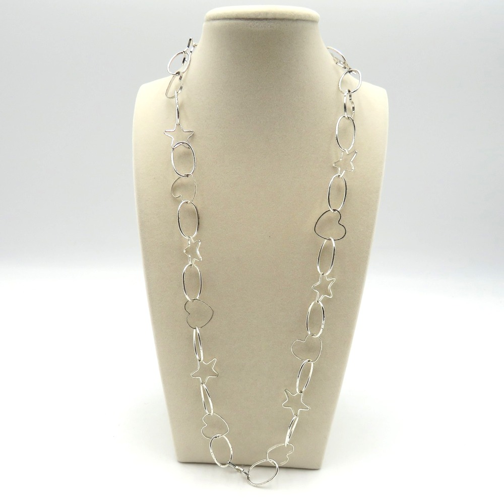 Mixed Shape Silver Tone Long Link Necklace Hearts Stars Ovals Women Fashion